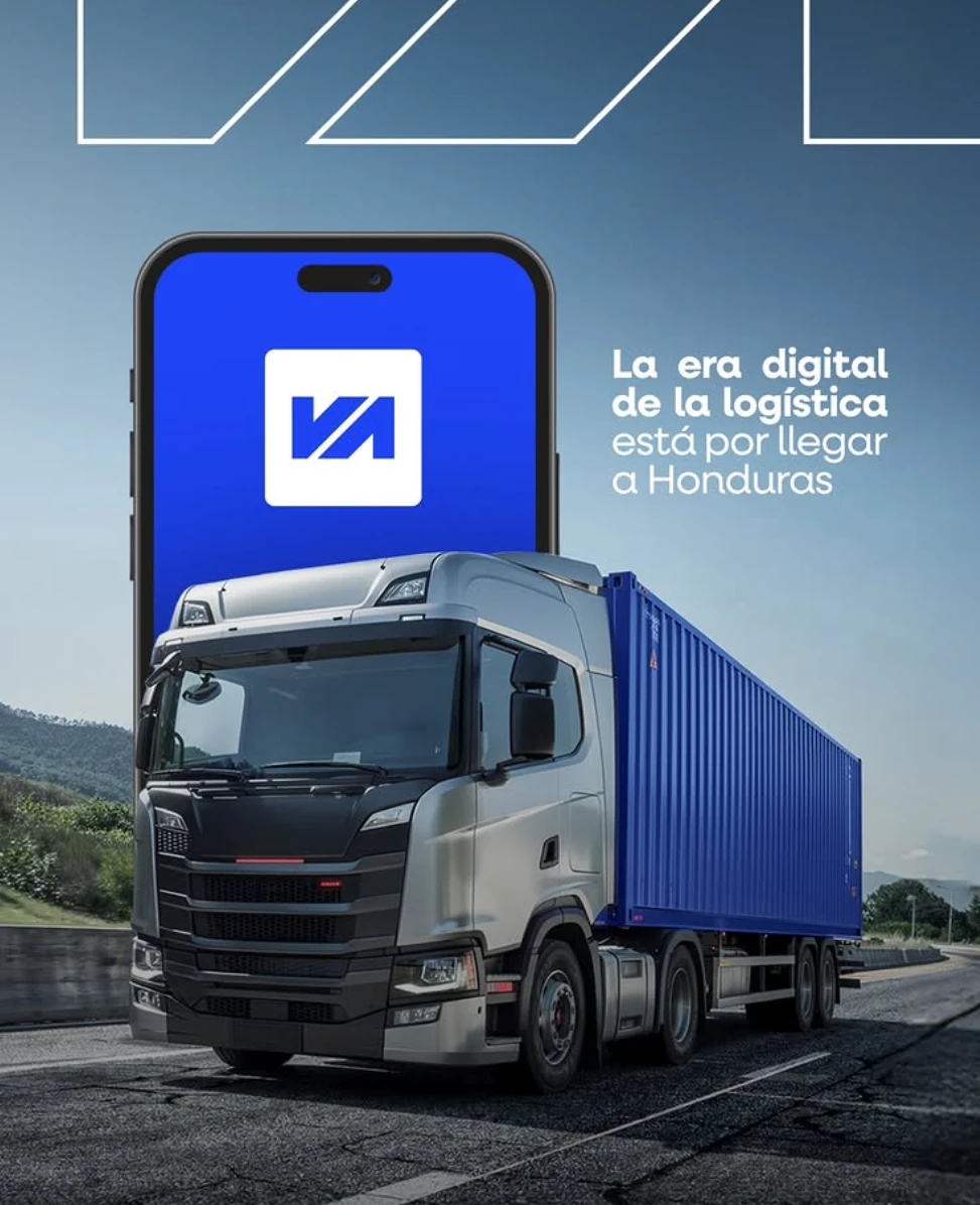 Mockup of a logistics mobile app on a smartphone next to a cargo truck, from an Onetouch digital transformation project launching in Honduras